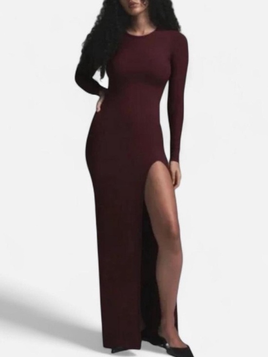 SKIMS Dresses & Skirts - NWT skims soft lounge boat neck dress size small color Bordeaux with slit.